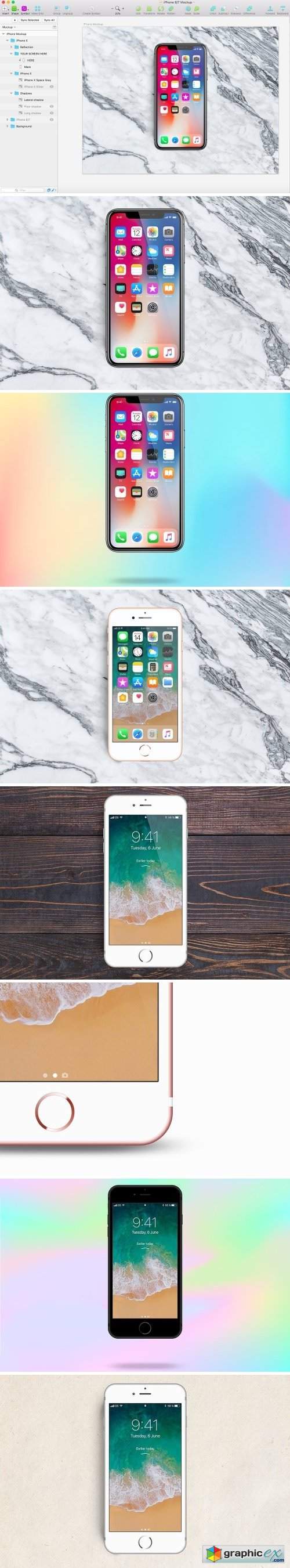 iPhone X, 8 and 7 Mockup • Sketch