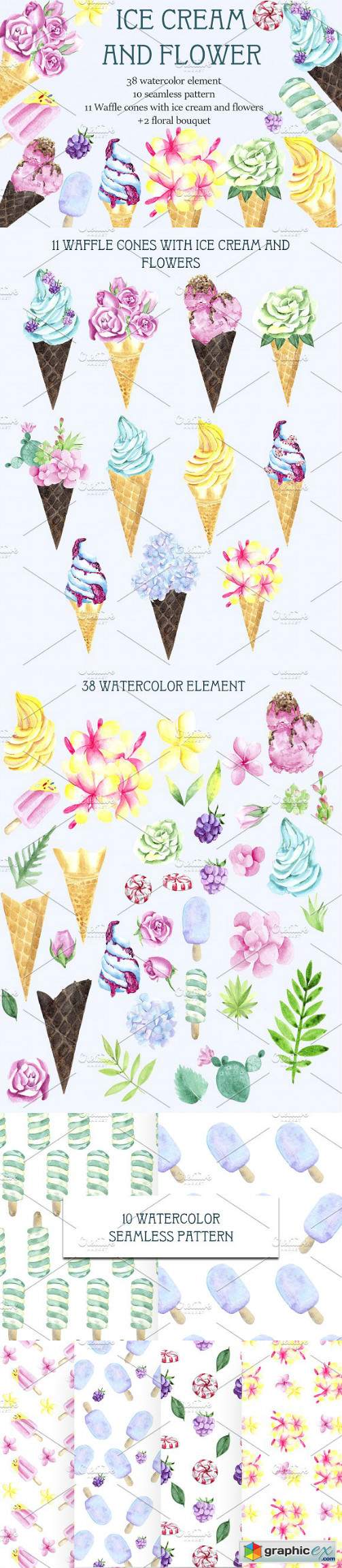 Ice cream and flower Watercolor set