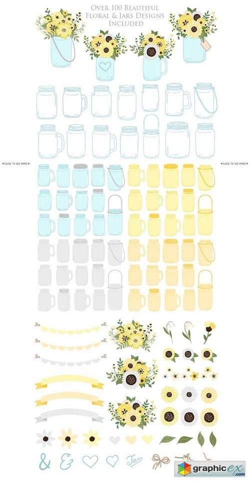 Yellow Floral Mason Jars Cliparts