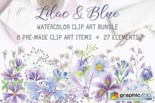 Lilac and blue watercolor bundle