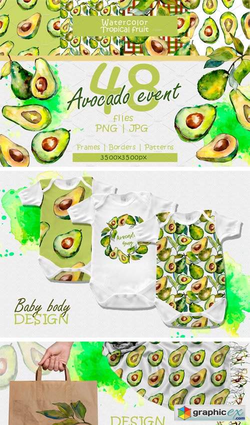 Avocado Event PNG Watercolor Set
