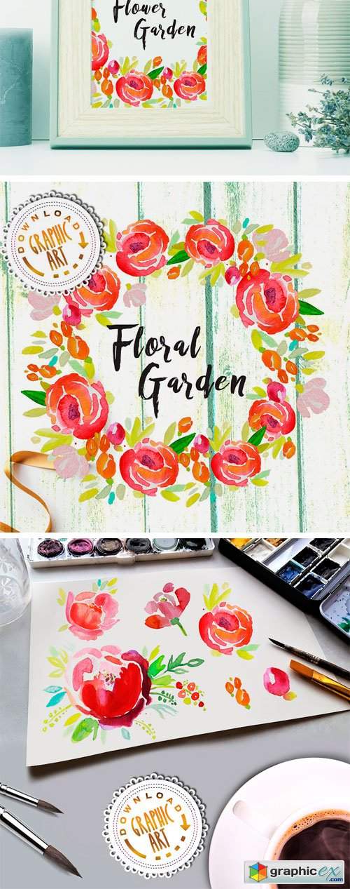 Watercolor Clipart; Floral Wreath