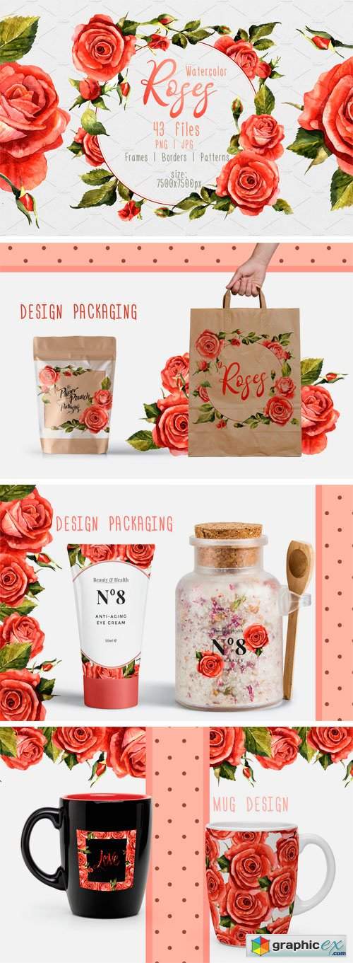 Red Roses PNG Watercolor Flower Set