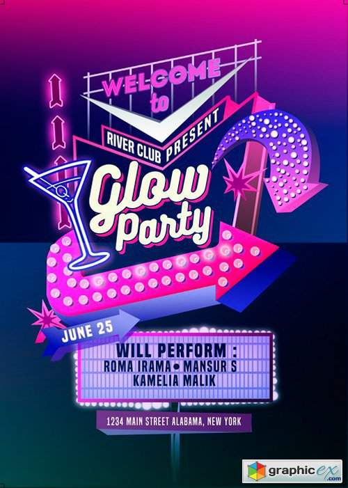 Glow Party Motel Sign Flyer Template