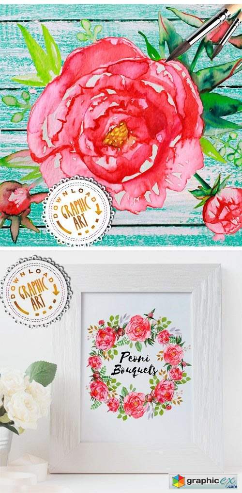 Watercolor Clipart; Peony Wreath 2391855