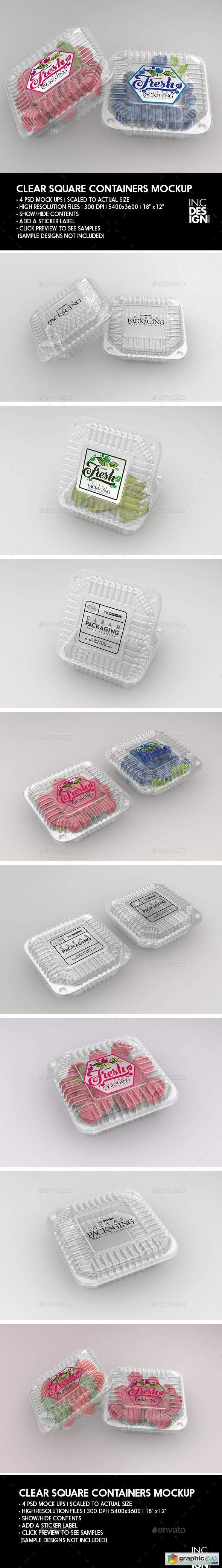Clear Square Clamshell Food Container Packaging Mockup