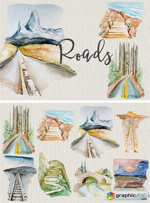Watercolor Roads Clipart Set