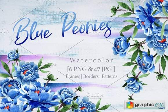 Cool blue Peonies PNG watercolor flower set