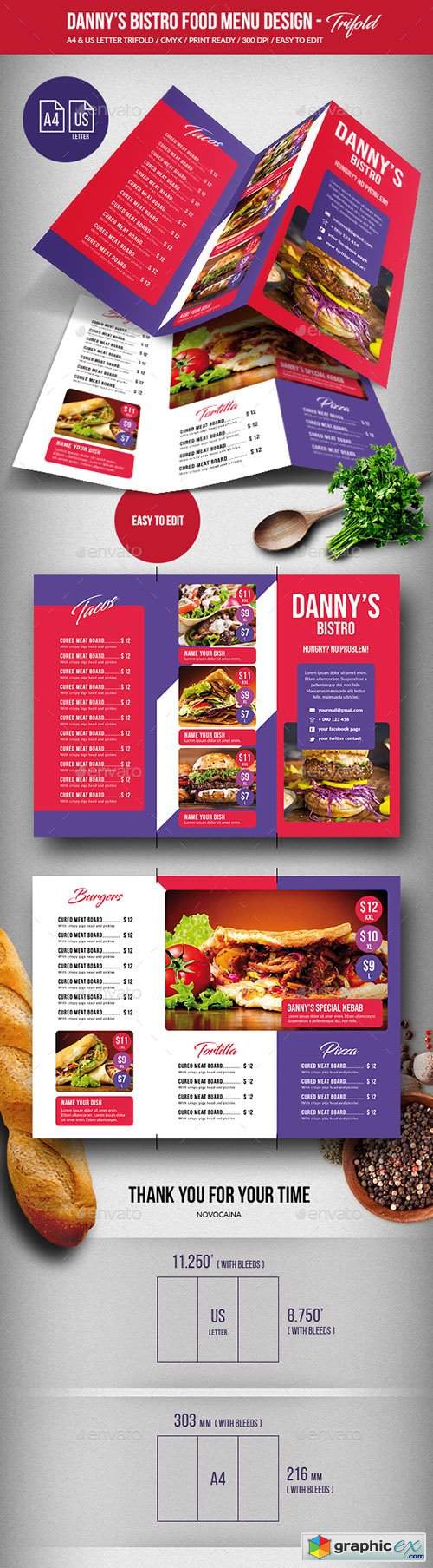 Danny's Bistro Trifold Food Menu A4 & US Letter