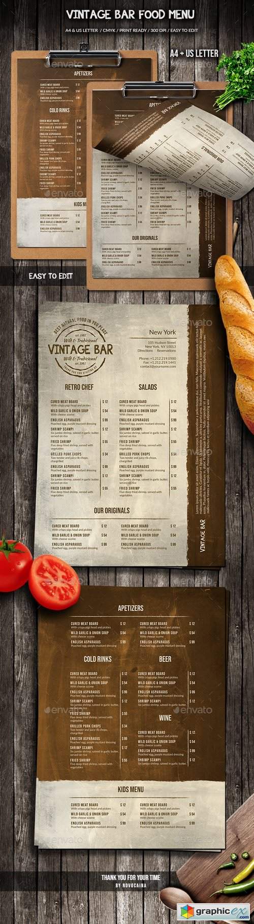 Vintage Bar Food Menu Design A4 & US Letter