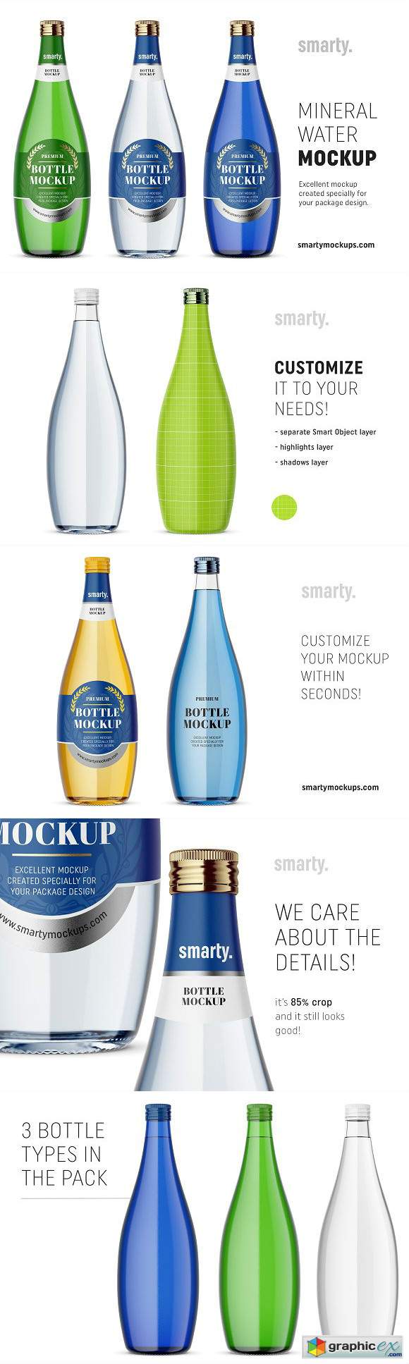 Glass mineral water bottle mockups
