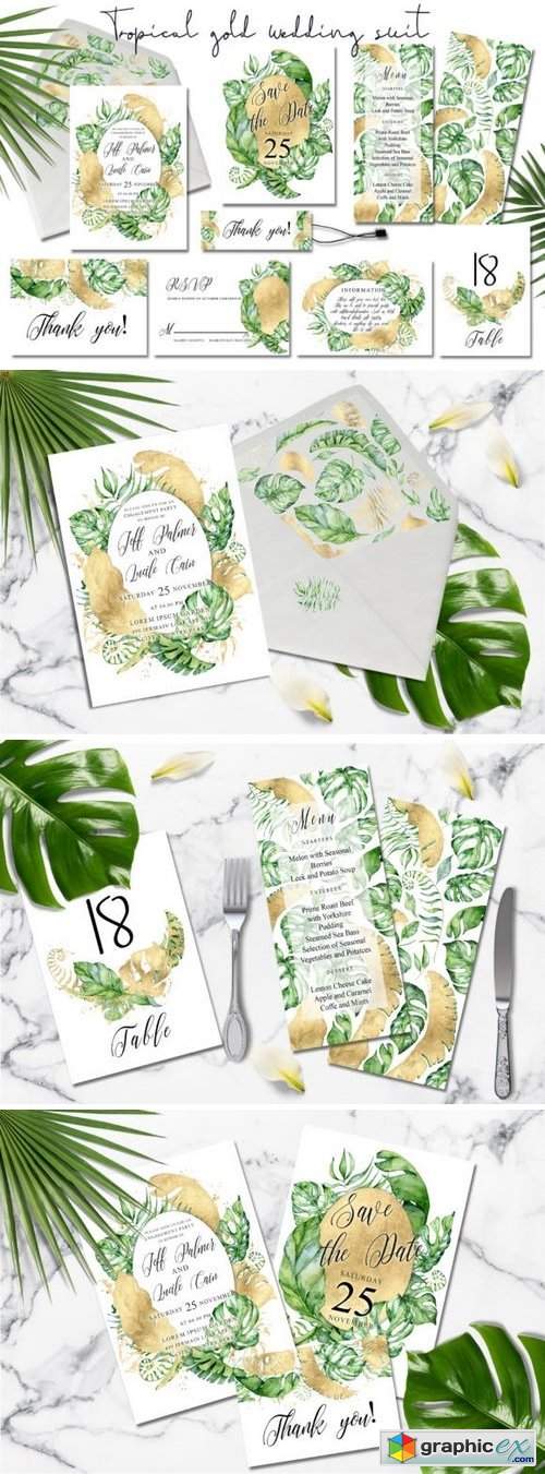 Tropical gold wedding invitation