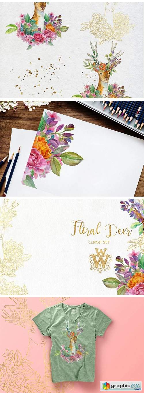 Watercolor Floral Deer Printable Clipart