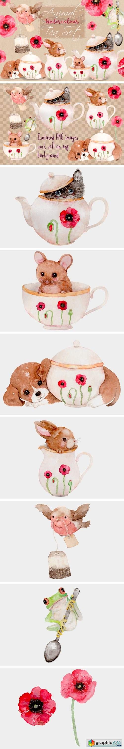 Animal Tea Set Watercolor Clip Art Illustrations