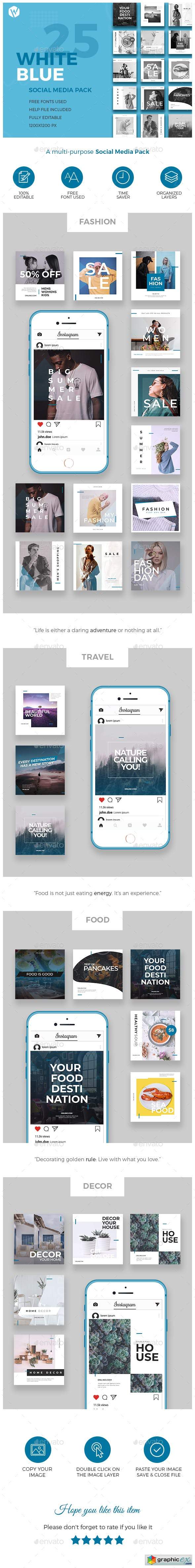 25 Instagram Blue & White Banners - Multi-purpose Social Media Pack