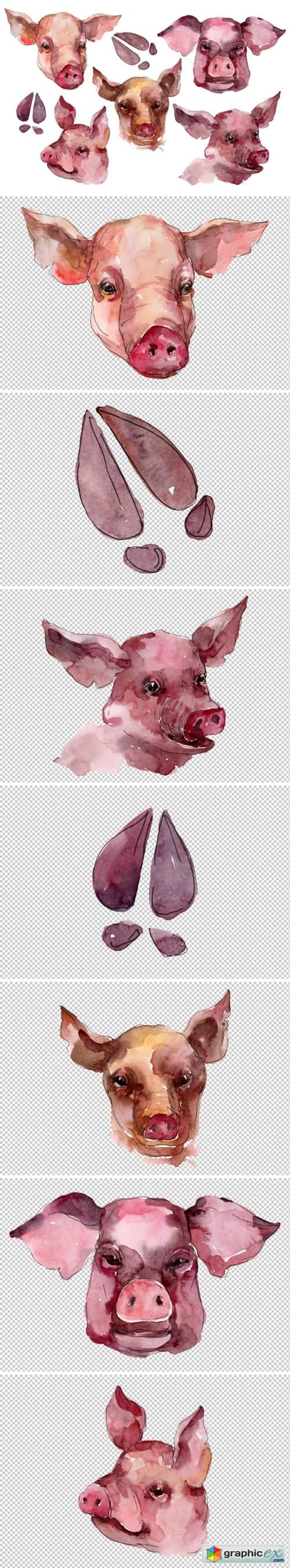 Farm animals: pig head Watercolor png