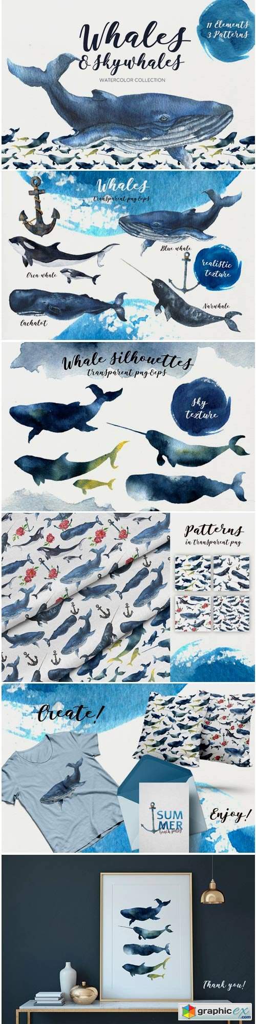 Whales and Skywhales. Watercolor