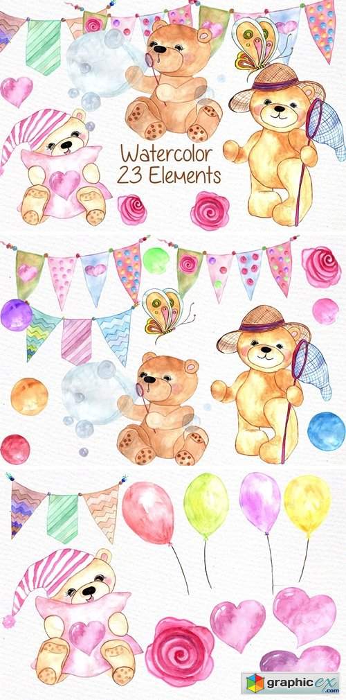 Watercolor teddy bear clipart