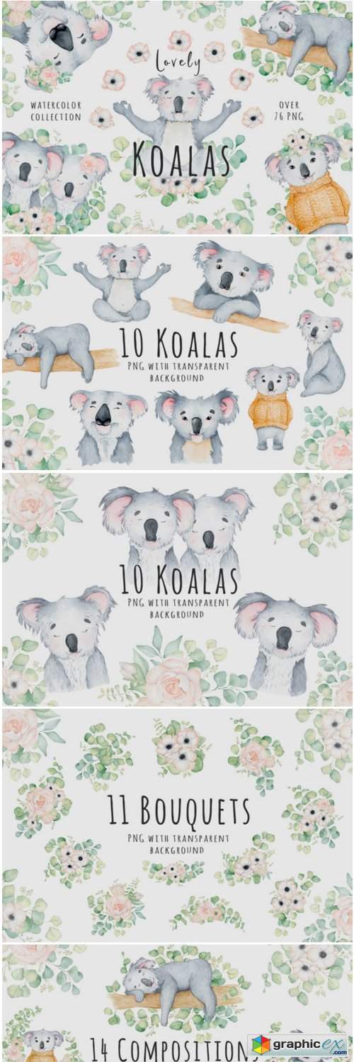 Lovely Koalas and Eucalyptus Watercolor