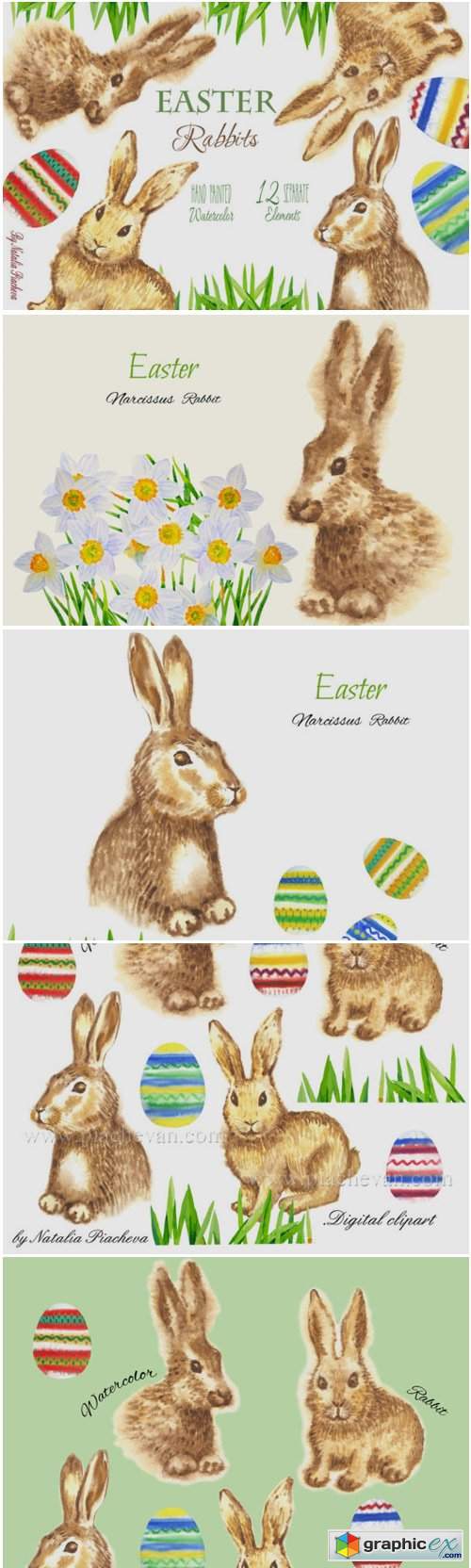 Easter Rabbits Watercolor Clipart