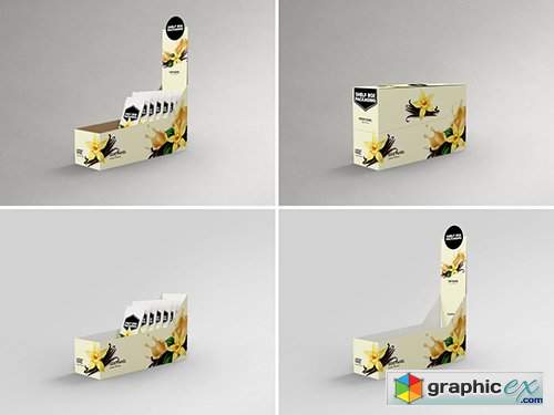 Side View Shelf Box with Snack Packets Packaging Design Mockup