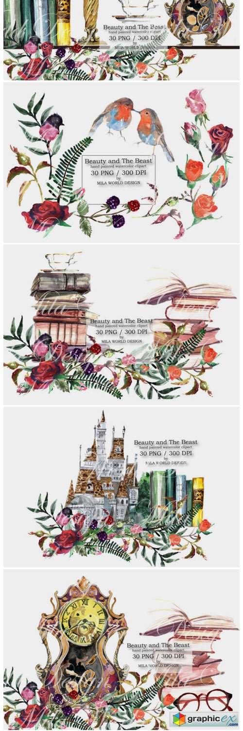 Beauty and the Beast Watercolor Clip Art