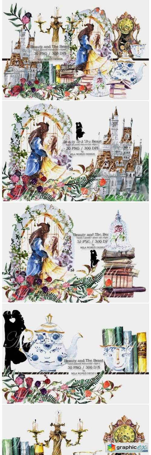 Beauty and the Beast Watercolor Clip Art