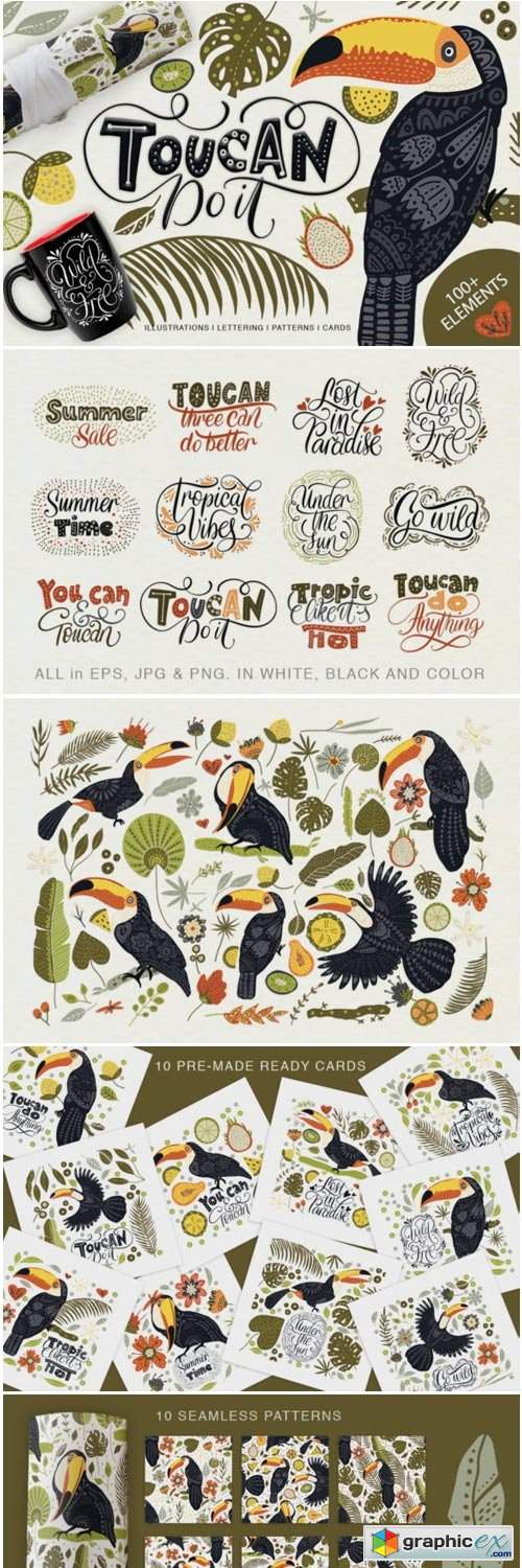 Toucan. Folk Art Graphic Set.