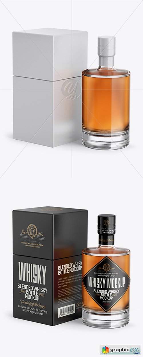 Clear Glass Whiskey Bottle & Box Mockup - Half Side View