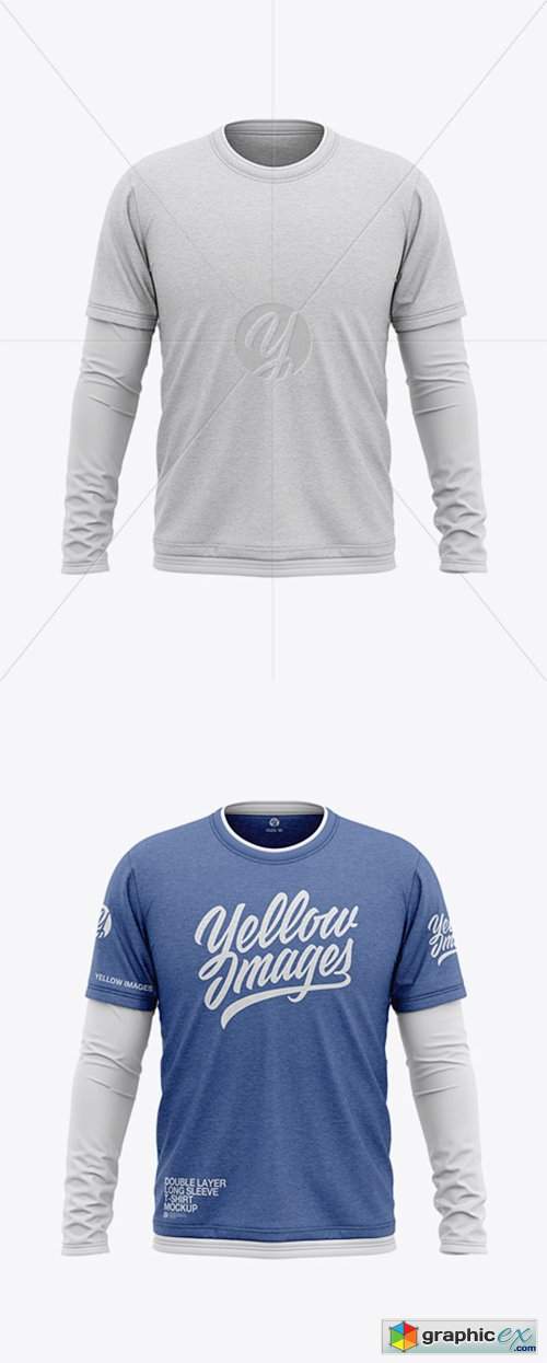 Men’s Heather Double-Layer Long Sleeve T-Shirt Mockup - Front View