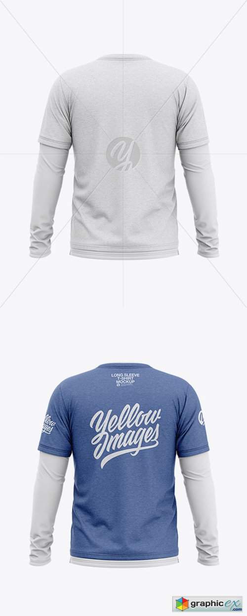 Men’s Heather Double-Layer Long Sleeve T-Shirt Mockup - Back View