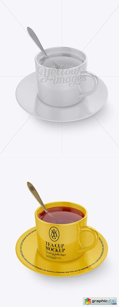 Glossy Cup & Saucer With Filing Mockup (High-Angle Shot)