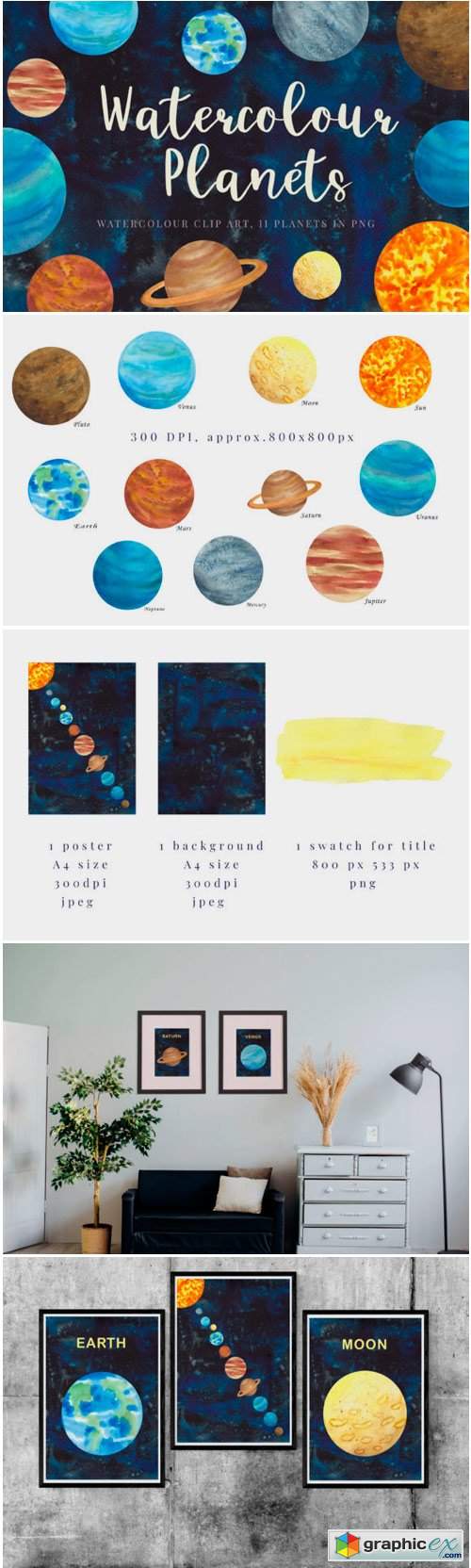 Watercolour Planets, Galaxy Background