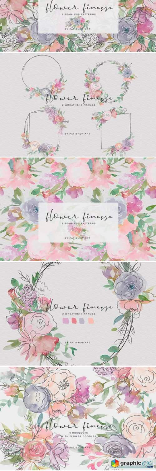 Watercolor Flower Doodles Clipart Set