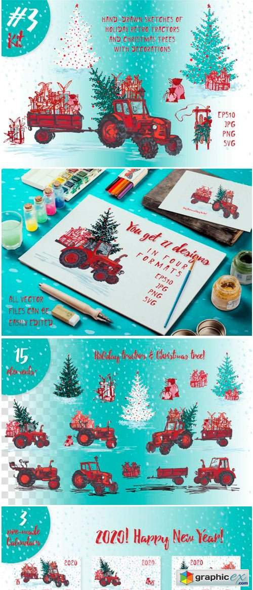 Set of Hand Drawn Christmas Tractors
