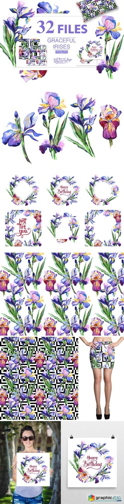 Blue Irises Watercolor Flowers