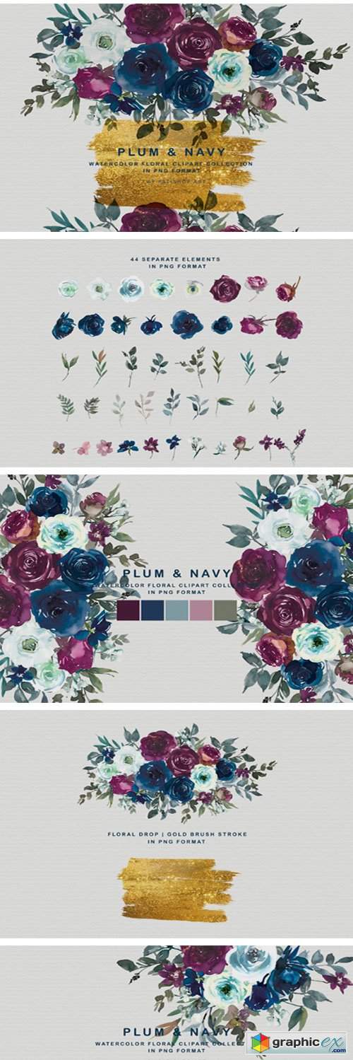 Plum & Navy Floral Clipart PNG Collectio