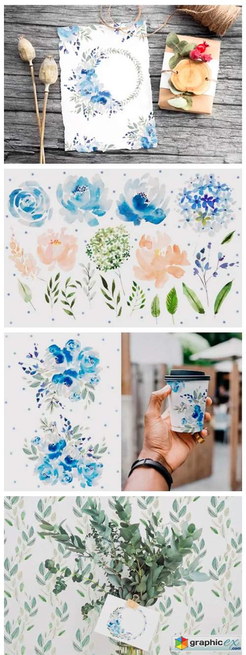 Watercolor Blue Flowers