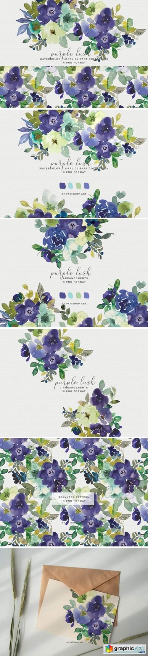  Purple Watercolor Floral Clipart Set 