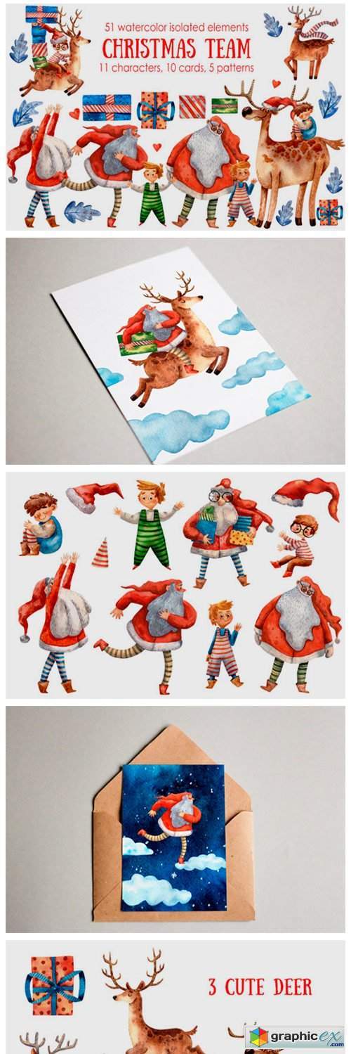 Christmas Team Watercolor Clip Art Set