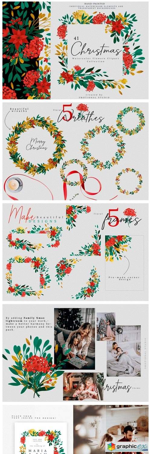  Christmas Watercolor Flowers Cliparts 