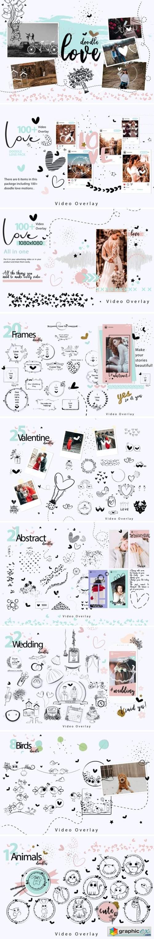108 Animated Doodle Love Video Overlays