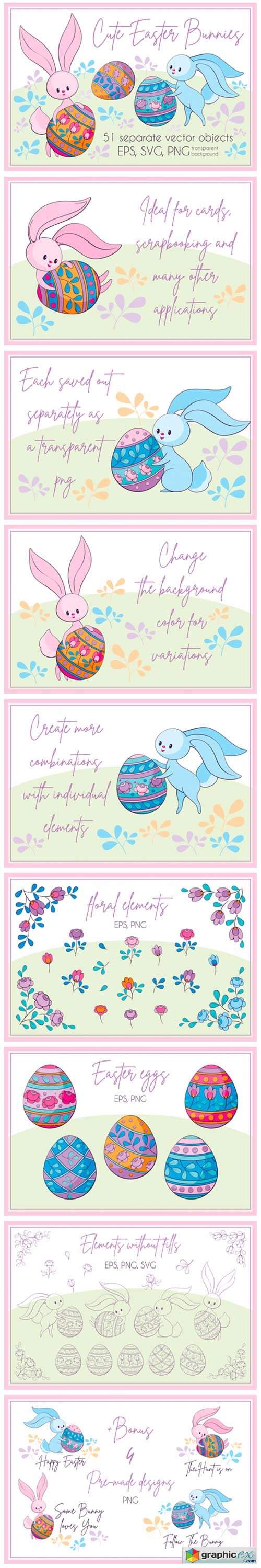  Cute Easter Bunnies. Vector Clip Arts 