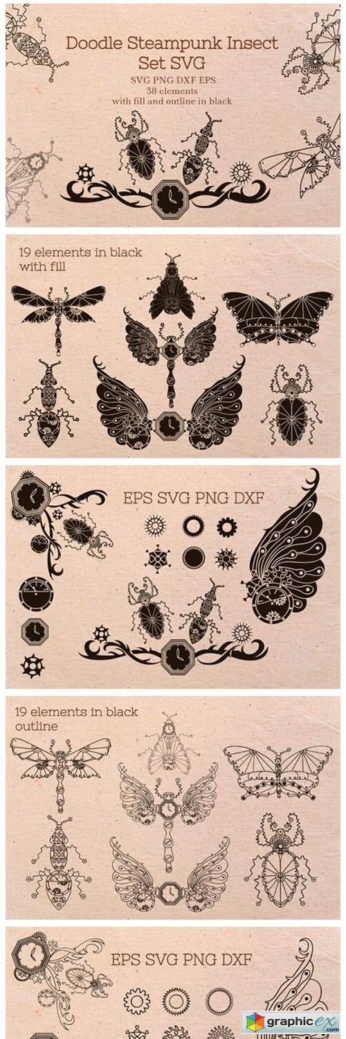  Doodle Steampunk Insect Set 