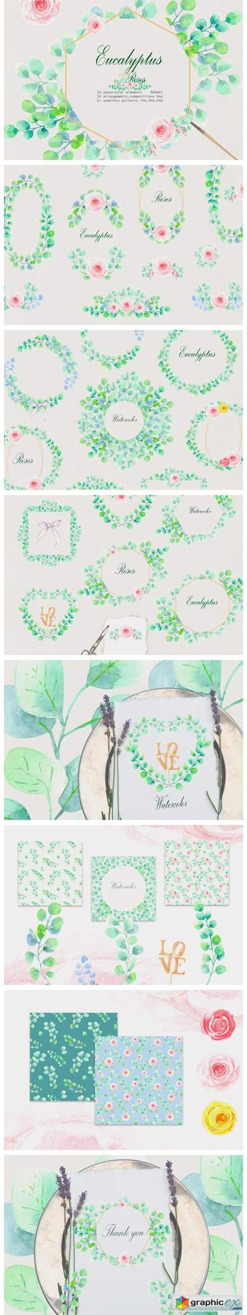  Watercolor Eucalyptus and Roses Clip Art 