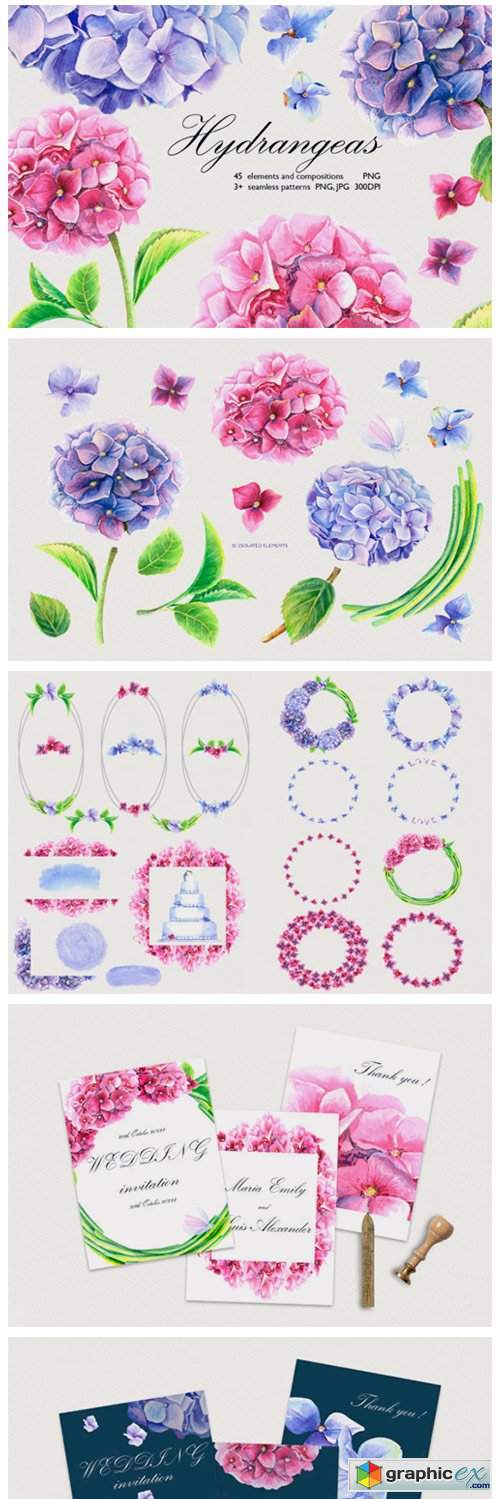  Watercolor Hydrangeas Clip Art Set 