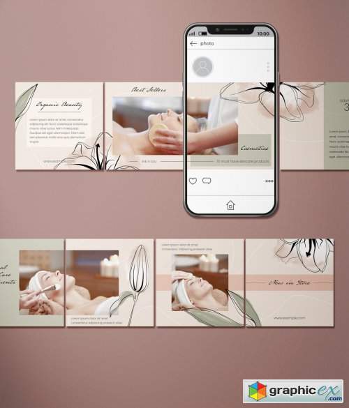  Social Media Carousel Post Layout Set with Hand Drawn Flowers 