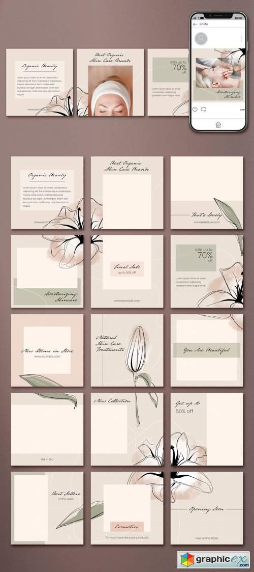  Social Media Post Layout Set with Hand Drawn Flowers 
