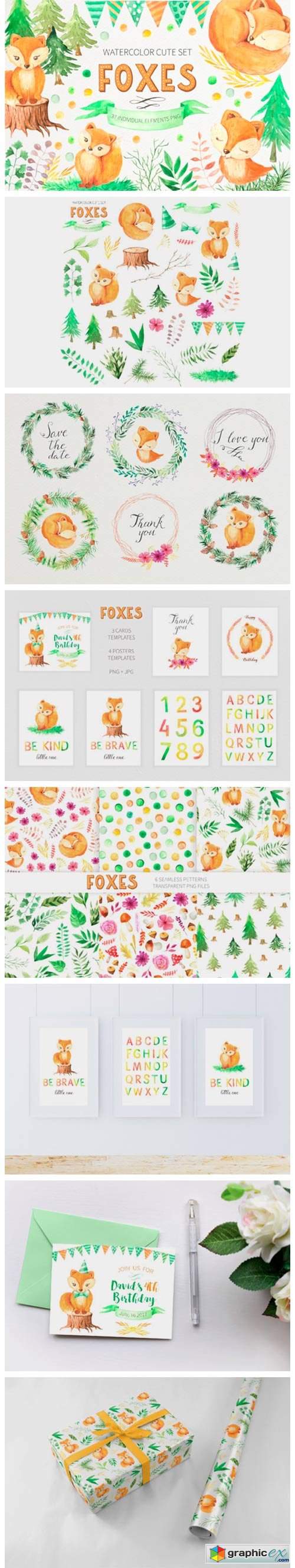  Watercolor Cute Foxes and Floral Set 