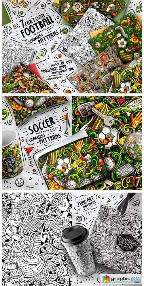 7 Soccer Doodle Seamless Patterns